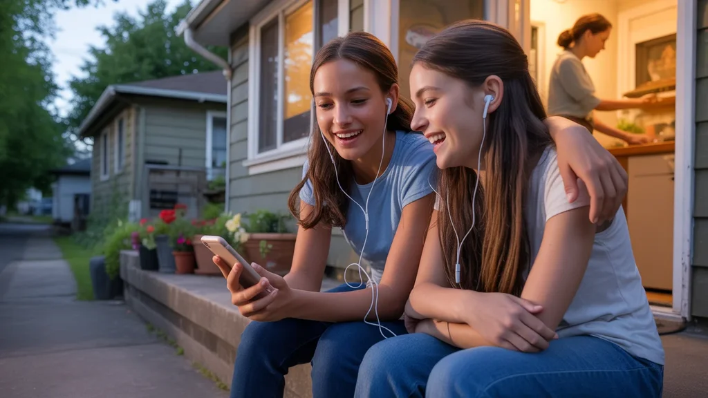 Two teenage girls sit on front porch steps sharing earbuds and watching a video on a smartphone