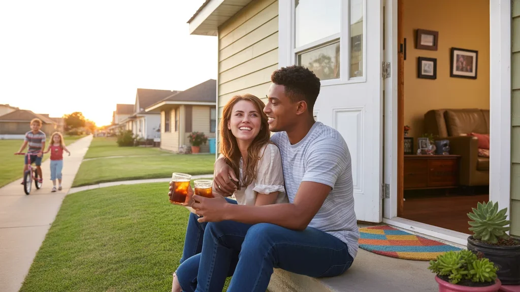 Young couple sitting on front steps of home in Moore, OK at sunset, looking content and peaceful