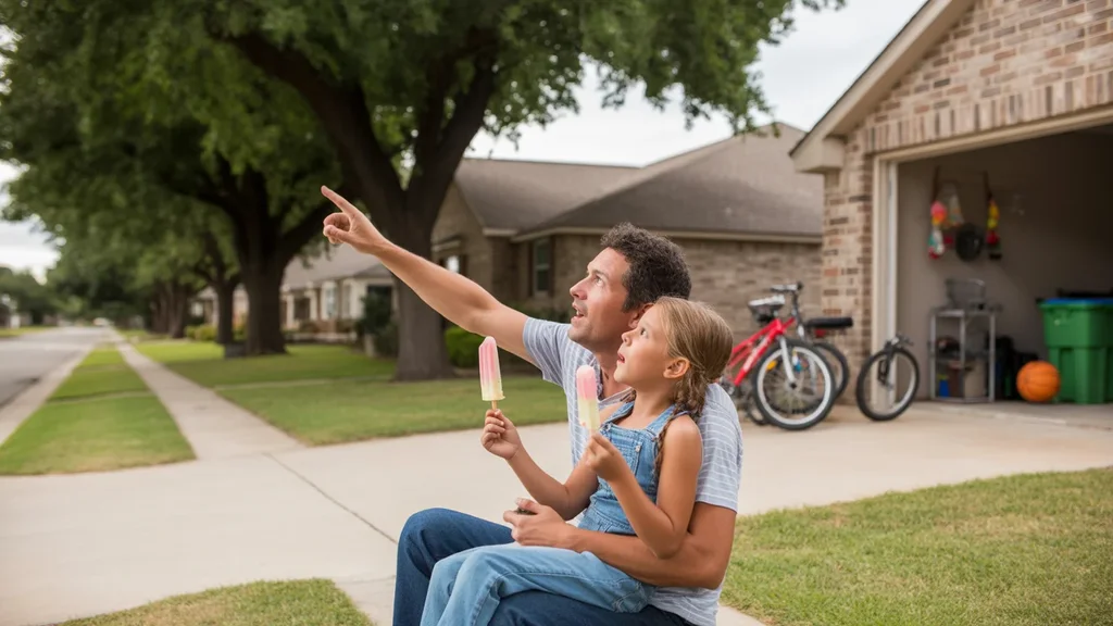 Father and daughter eating popsicles on front steps of suburban home in Round Rock, Texas
