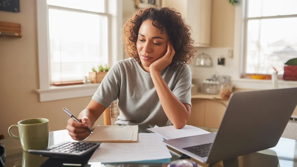 Woman reviewing monthly budget and expenses at kitchen table in Charlotte apartment