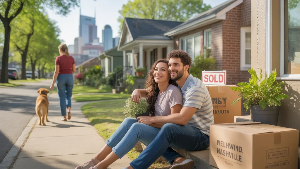 A couple sits on the steps of their new Nashville home, surrounded by moving boxes and potted plants.