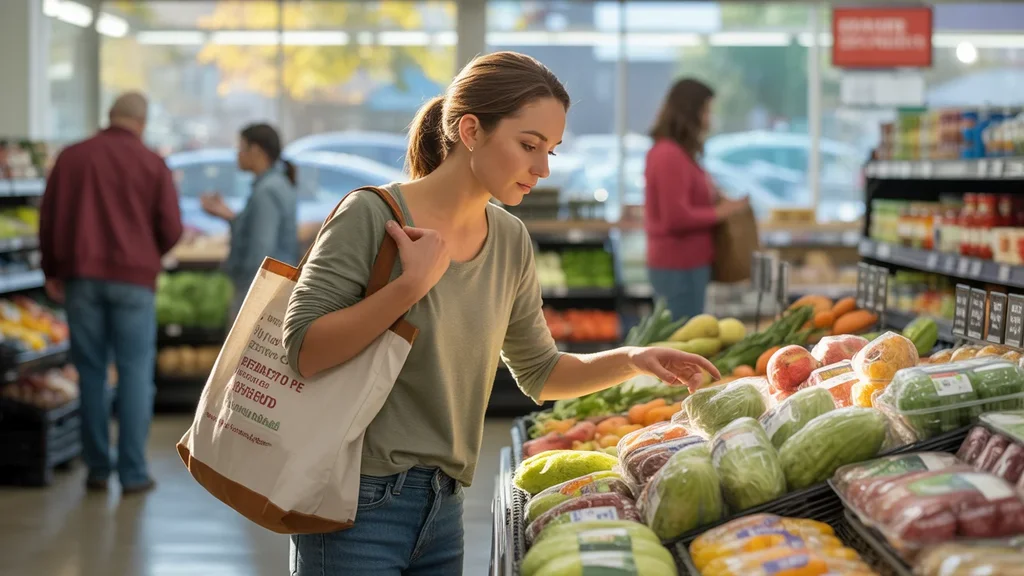 Woman shopping for affordable produce at grocery store in Lakewood, CO