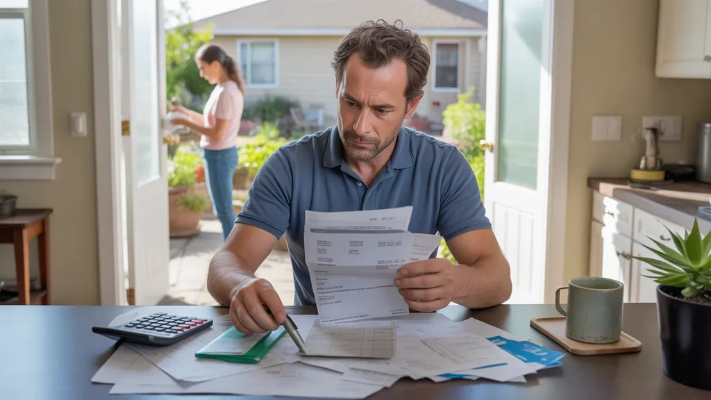 Man reviewing utility bills and fees at his kitchen table in Arvada, Colorado