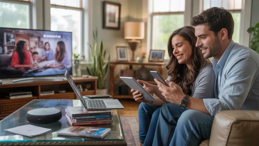 Couple streaming shows in a cozy Louisville living room