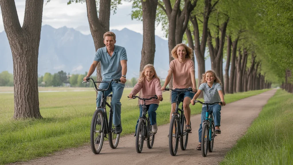 Family biking on a trail in Taylorsville, UT with mountains in the background