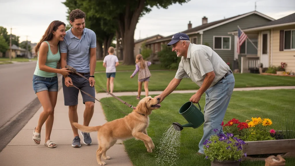 Neighbors chatting while a puppy greets an older man watering his garden on a residential street in Thornton, Colorado at sunset