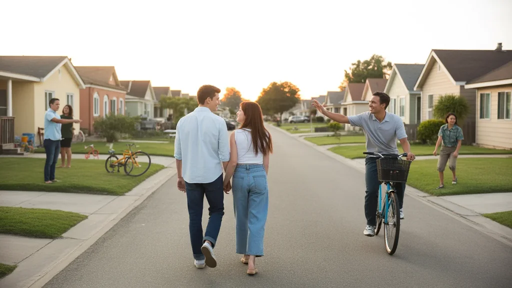 A couple walks down a residential street in Ontario, CA at sunset as a cyclist rides past neat single-family homes.