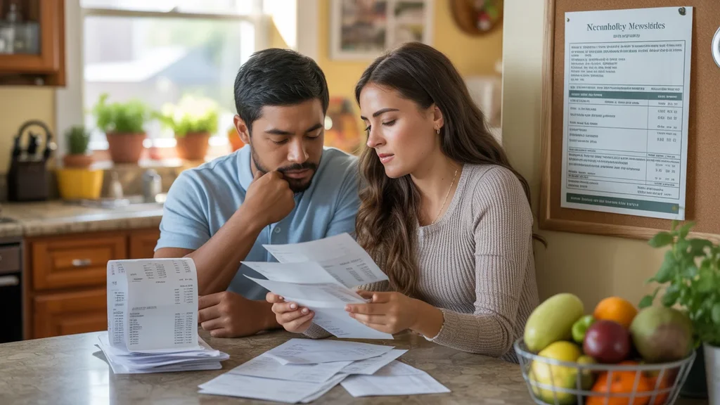 Couple reviewing bills and budgeting at kitchen table in Middletown home