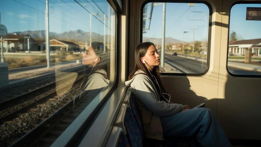 Teenage girl wearing earbuds sits alone by the window on a light rail train in Paradise, NV