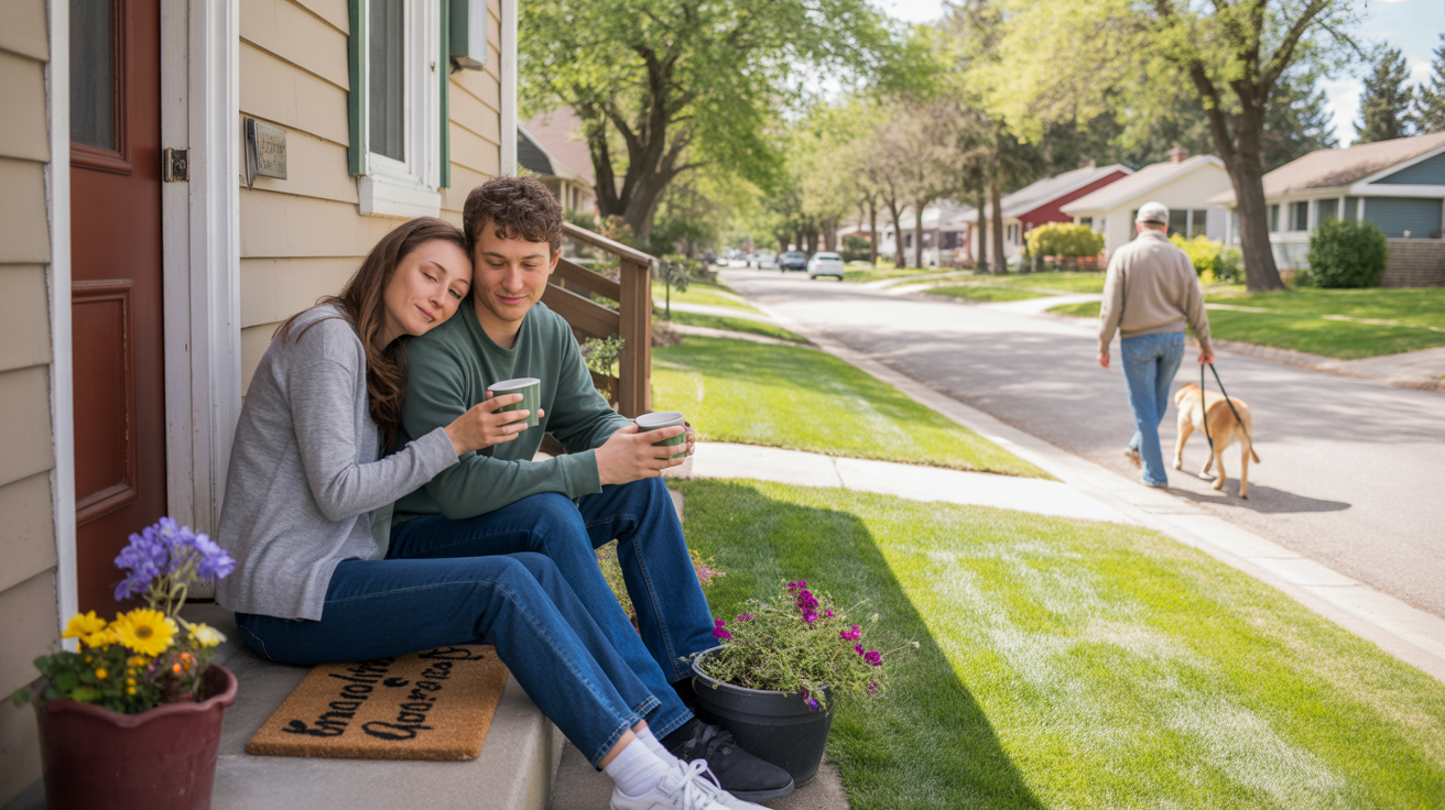 Couple enjoying a peaceful morning coffee on front steps of Northglenn home