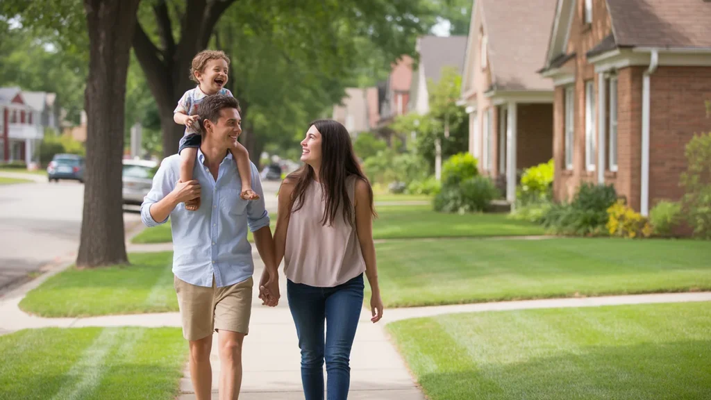 A couple walks with their child along a sidewalk in a Winchester neighborhood