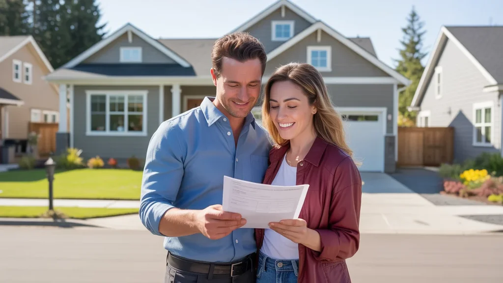 Couple smiling in driveway of Craftsman home in Tigard, Oregon