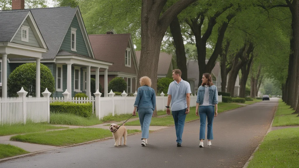 Family walking dog in a peaceful Georgetown KY neighborhood with quaint houses and white picket fences.