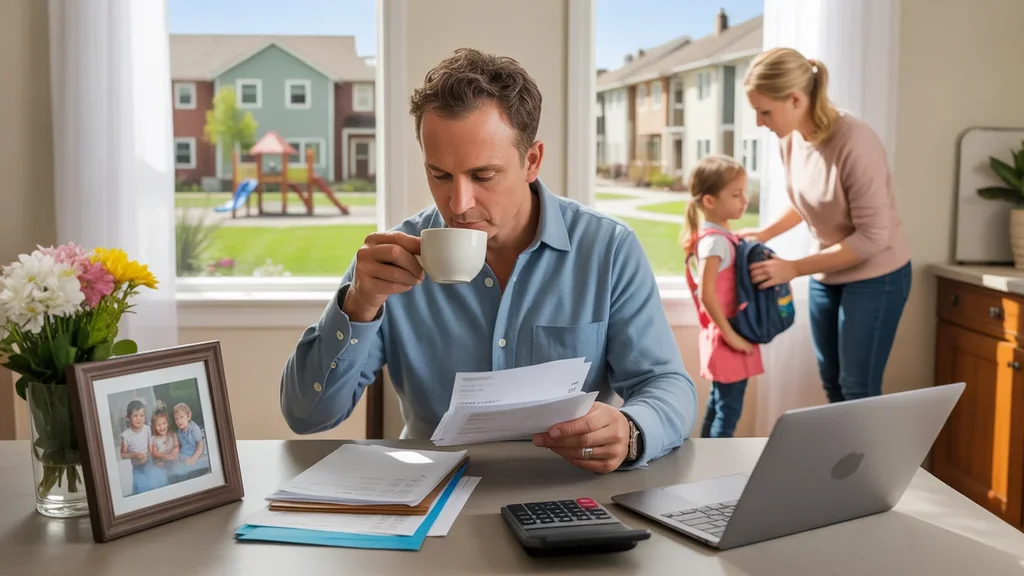 Man reviewing bills and budgeting in his Centennial townhome kitchen