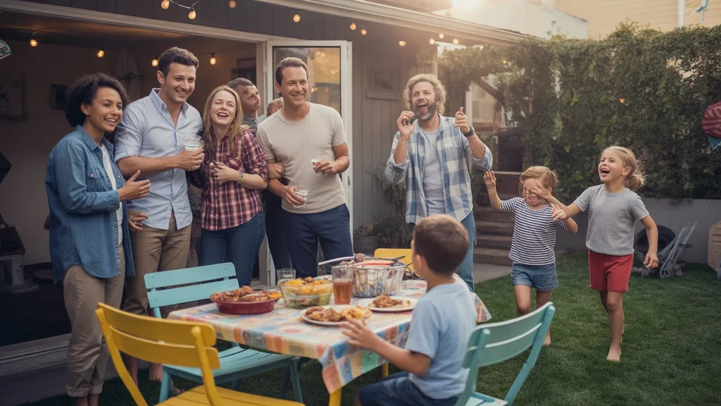Neighbors gathered for a backyard barbecue in San Bernardino at sunset