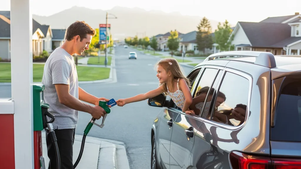 Father pumping gas with daughter's help at a West Jordan corner station at sunset.