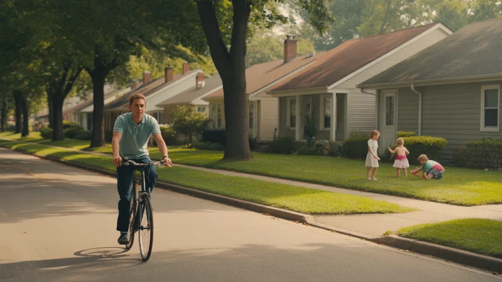 A cyclist rides past single-family homes on a sunny day in Jeffersontown, Kentucky