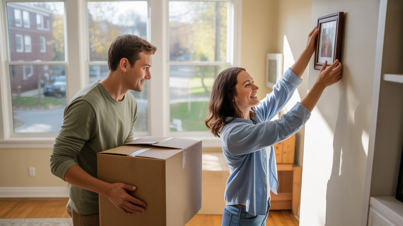 Couple unpacking in their new Murfreesboro apartment on a sunny day