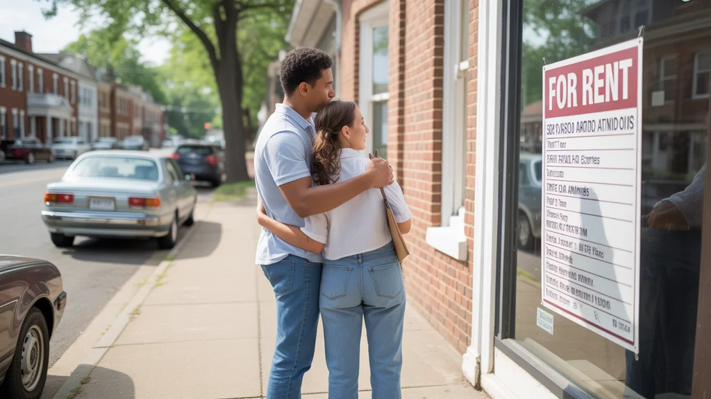 Young couple looking at For Rent sign in apartment window on Murfreesboro street