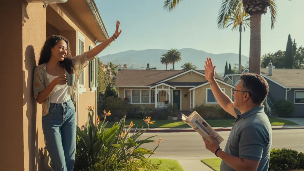 Neighbors wave to each other from apartment balcony and house porch in Santa Ana