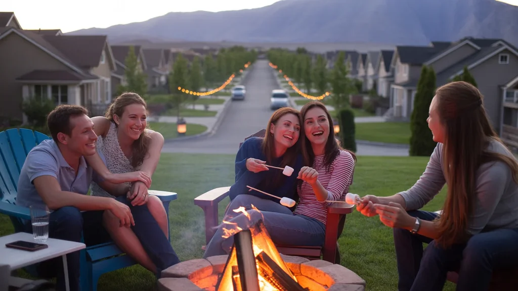 Four friends relax around a backyard firepit in Lehi, Utah on a summer evening, smartphones resting nearby.