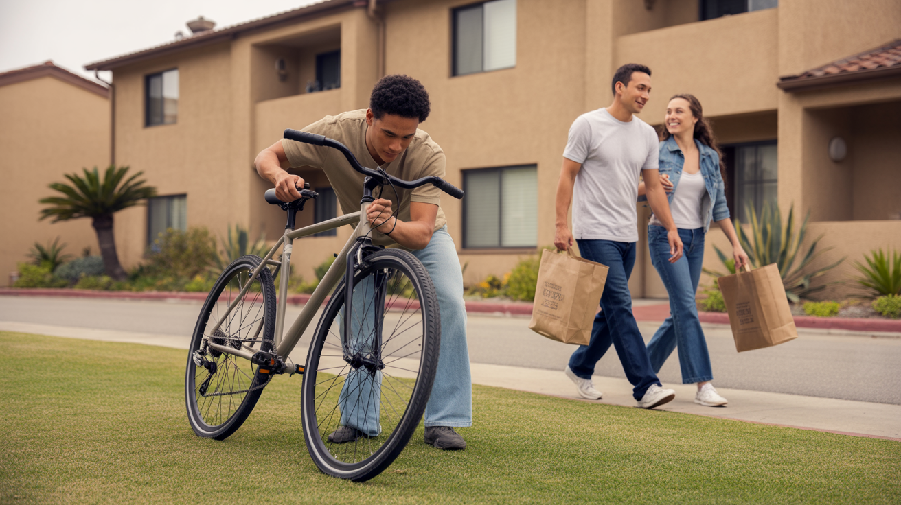 Man assembling bicycle on apartment lawn in Costa Mesa, California