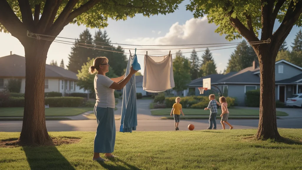 A woman bringing in laundry from a clothesline in her Tualatin backyard at sunset.