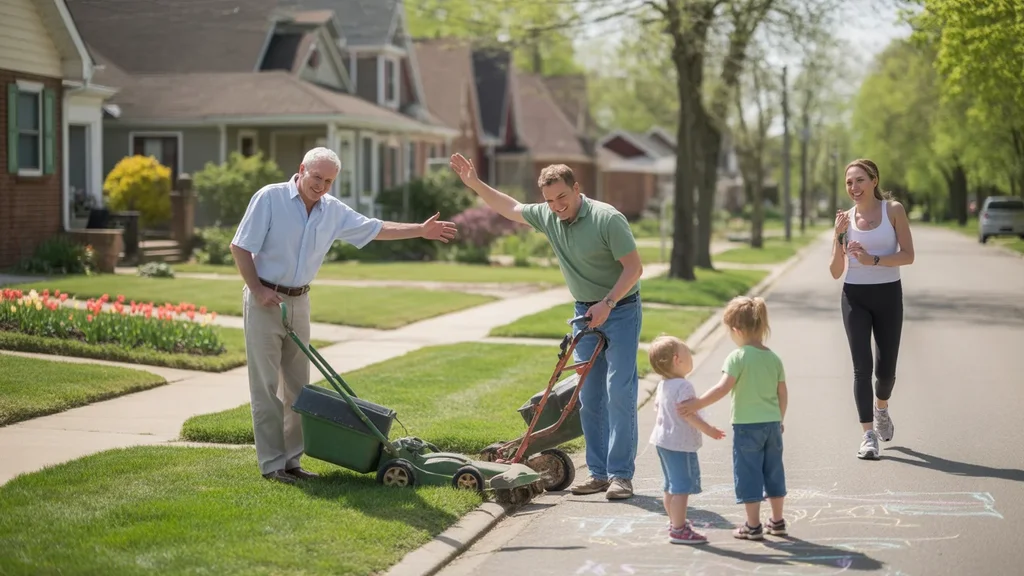 Neighbors exchange friendly waves while mowing their lawns on a quiet suburban street in Middletown, Kentucky