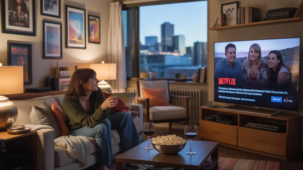 Cozy Denver apartment living room with movie posters and TV set up for a night of Netflix streaming