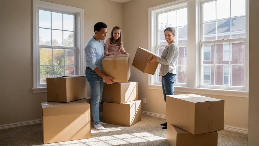 Family unpacking moving boxes in their new Jeffersontown apartment