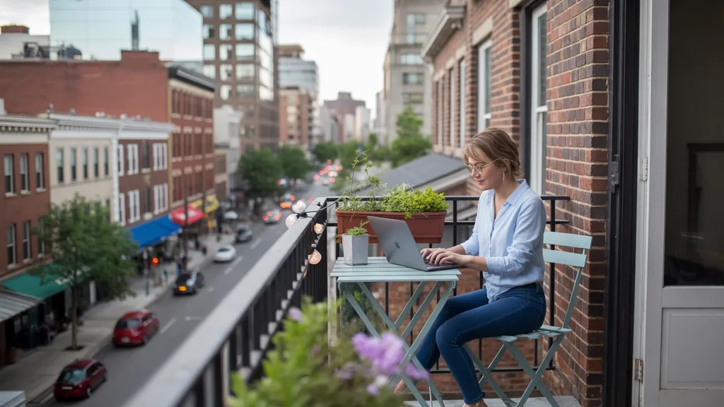 Woman working on laptop on her balcony in Lexington