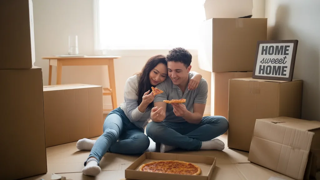 Couple eating pizza on floor of new apartment in Winter Garden surrounded by moving boxes