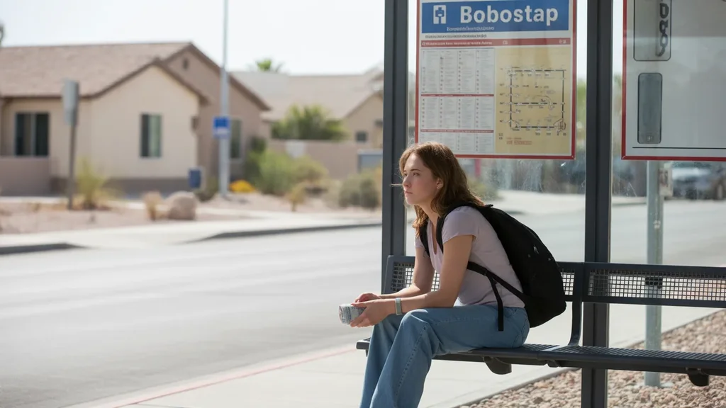 Young woman waiting for the bus at a neighborhood transit shelter in North Las Vegas
