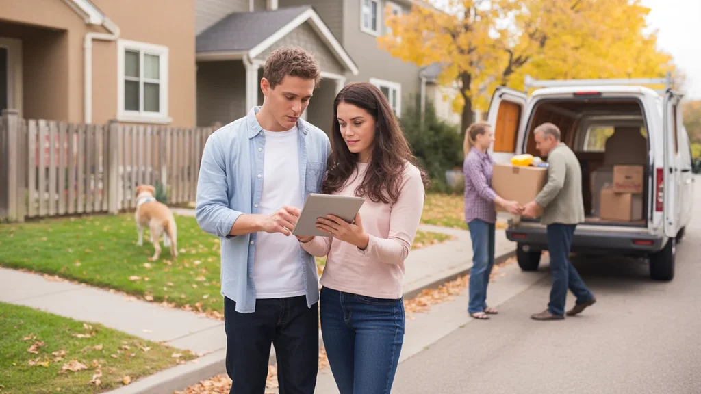 A couple considers a townhome and house for sale in a Thornton neighborhood in autumn