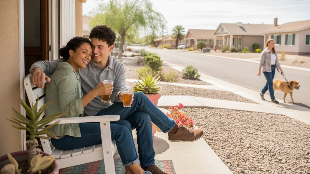 A couple relaxes on their front porch swing in Avondale, Arizona at sunset.