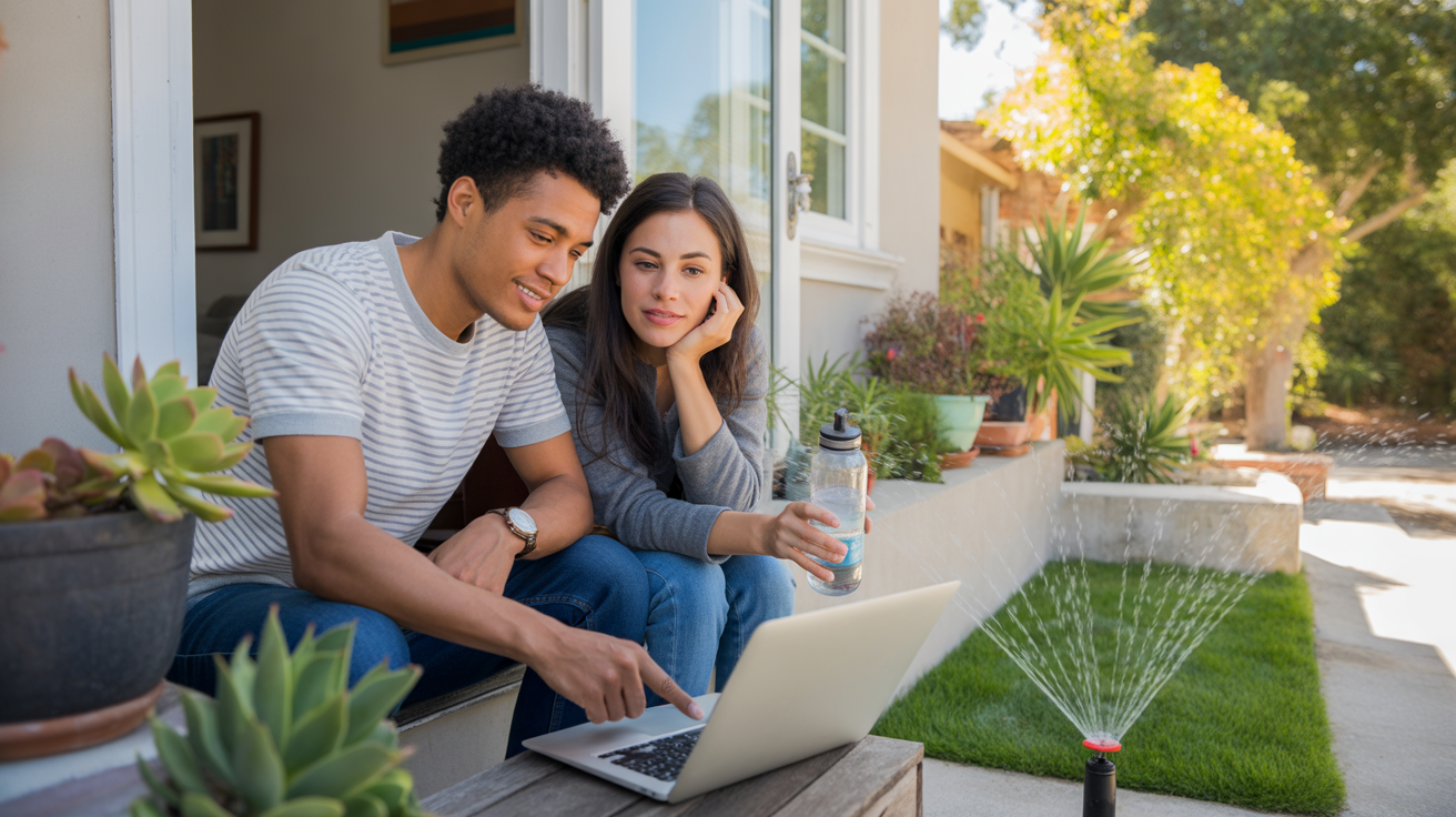 Couple reviewing monthly budget on laptop on front porch of Mission Viejo rental home