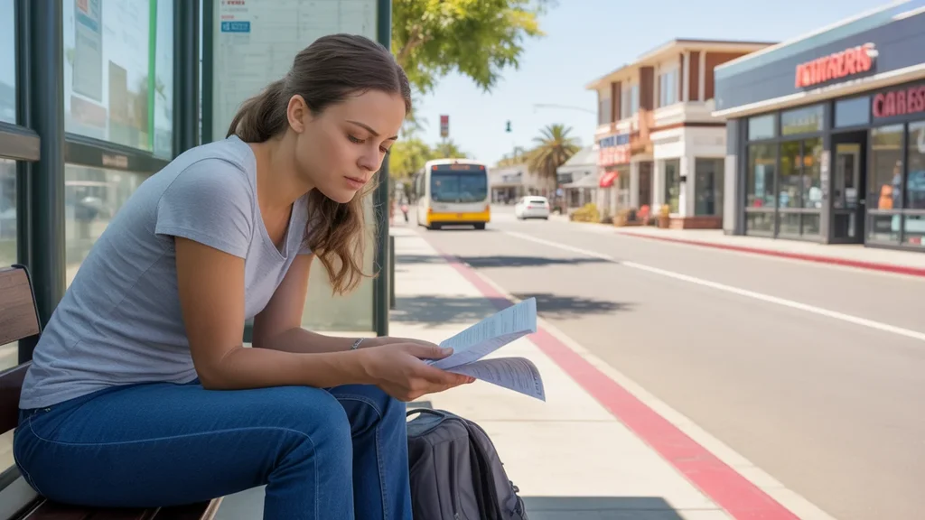 Young woman reviewing papers while waiting for bus in Anaheim, California