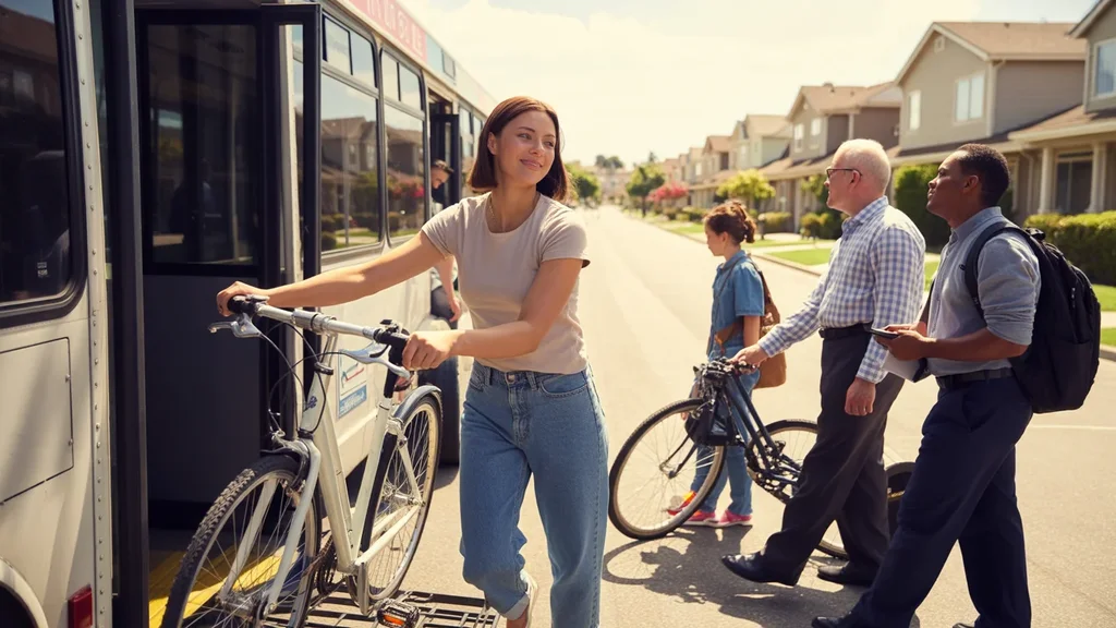 Woman loading bicycle onto bus rack on sunny suburban street in Chino Hills, California