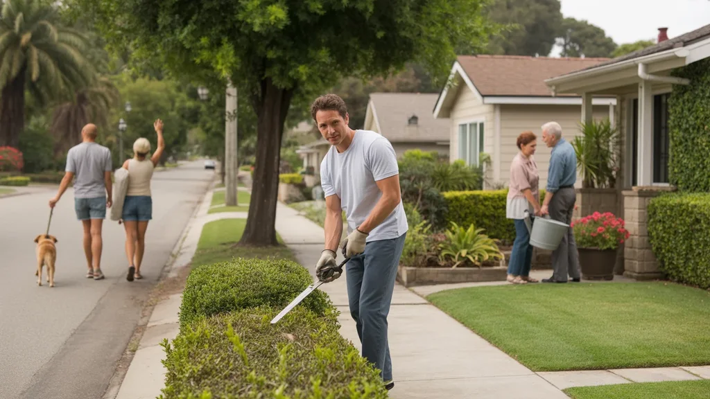 Man trimming hedges in front of suburban home in Fullerton, California