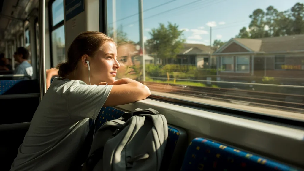Teenage girl wearing earbuds looking out the window while riding the SunRail train in Orlando