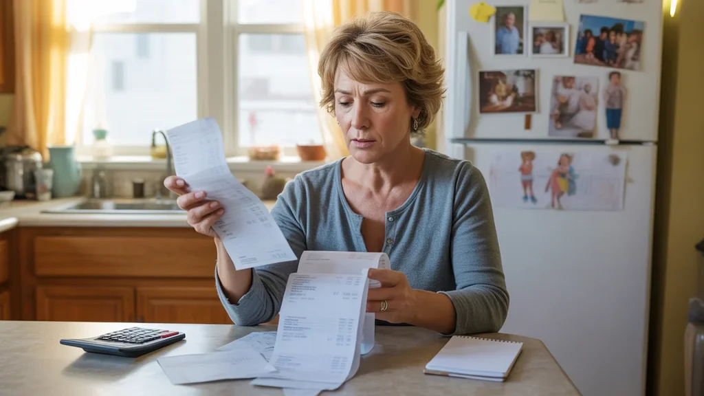 Woman reviewing utility bills and receipts at kitchen table in Midwest City home