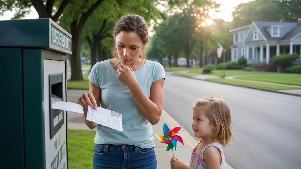 Woman paying utility bill at outdoor kiosk in Gastonia, NC with daughter waiting beside her