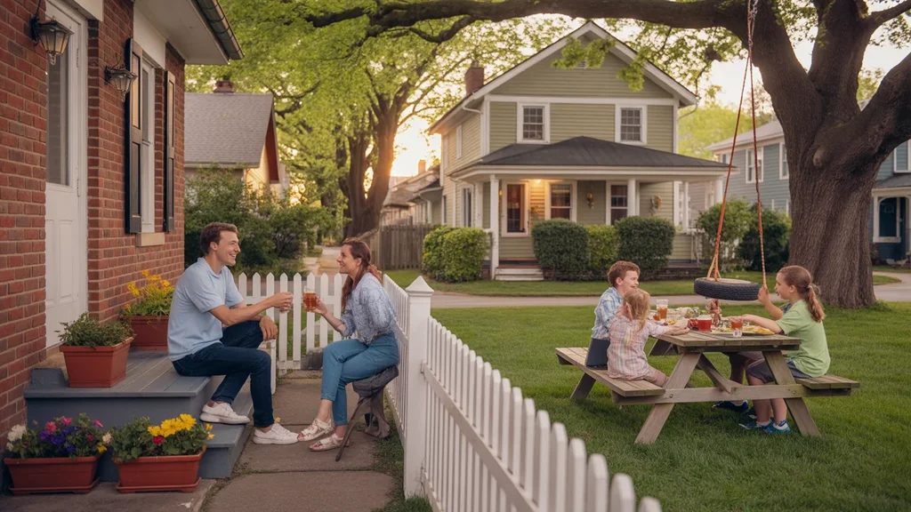 Two families in Lexington, KY chat between a red-brick duplex and a craftsman home with a picket fence.