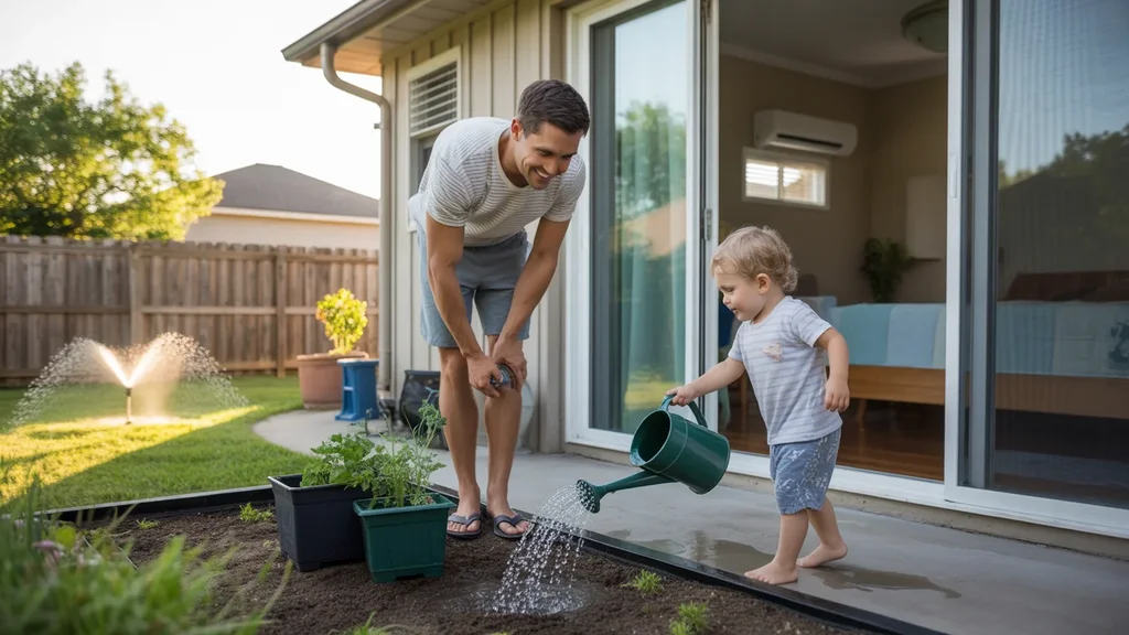 Father and toddler water plants in backyard on early summer morning in The Woodlands, TX