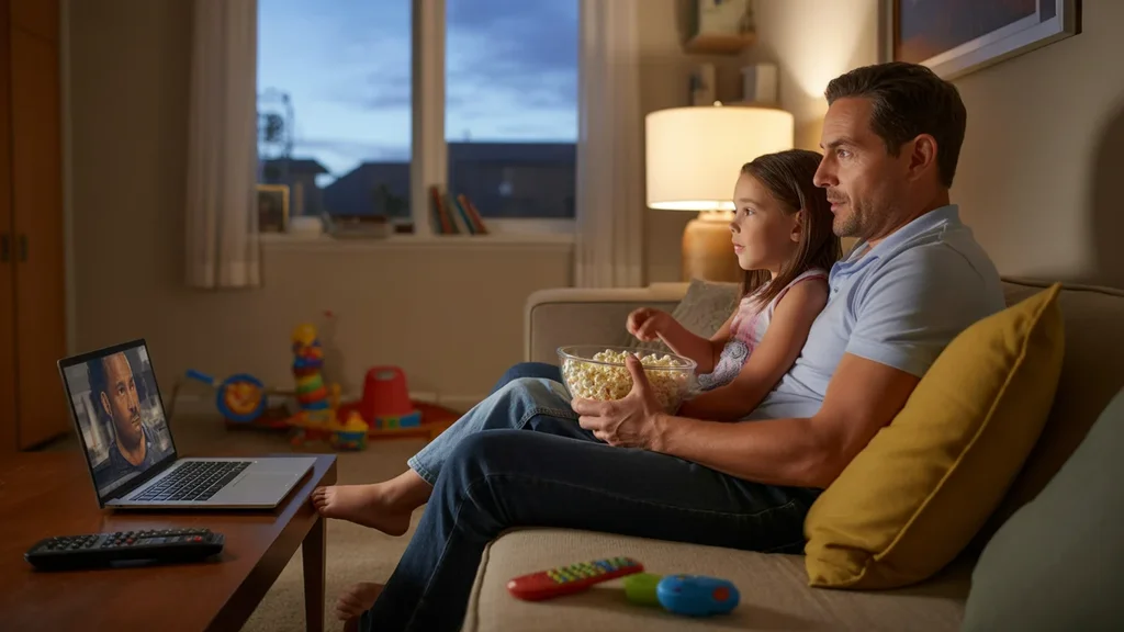 Father and daughter streaming a movie together on the couch in their Moore living room