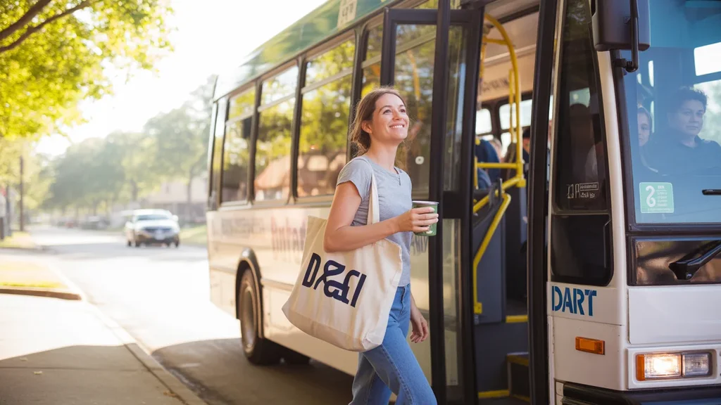 Woman boarding a DART bus in Irving, TX on a quiet morning