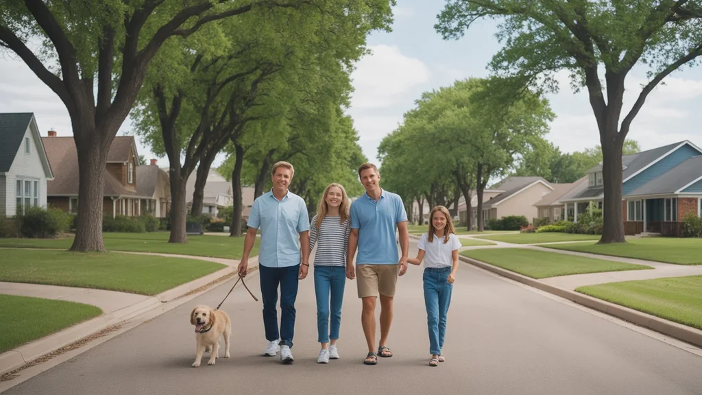 A family walks their dog through a peaceful neighborhood in Midwest City, OK