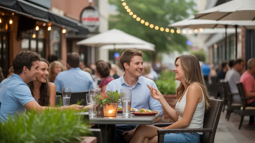A couple enjoys dining out on a lively restaurant patio in Edmond, OK