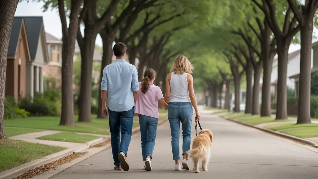 Family walking dog through Mckinney TX neighborhood with unfamiliar architecture