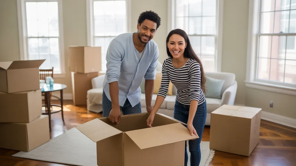 A couple unpacks moving boxes in their new Nashville apartment on a sunny day.